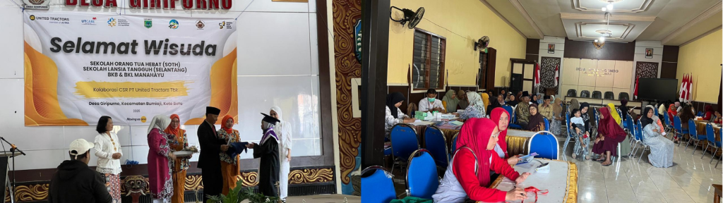 Wisuda Sekolah Orang Tua Hebat dan Sekolah Lansia Tangguh (foto kiri). Kegiatan Posyandu Integrasi Layanan Primer di Desa Sumbergondo (foto kanan).